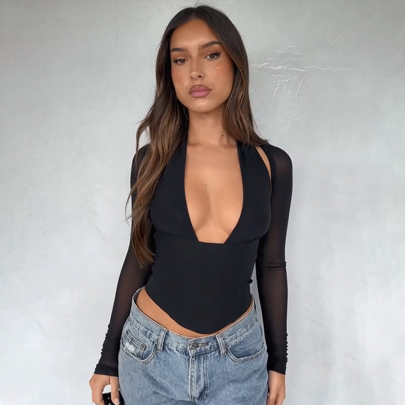 Damen Hochgeschlossenes Crop-Top mit transparenten Ärmeln EB