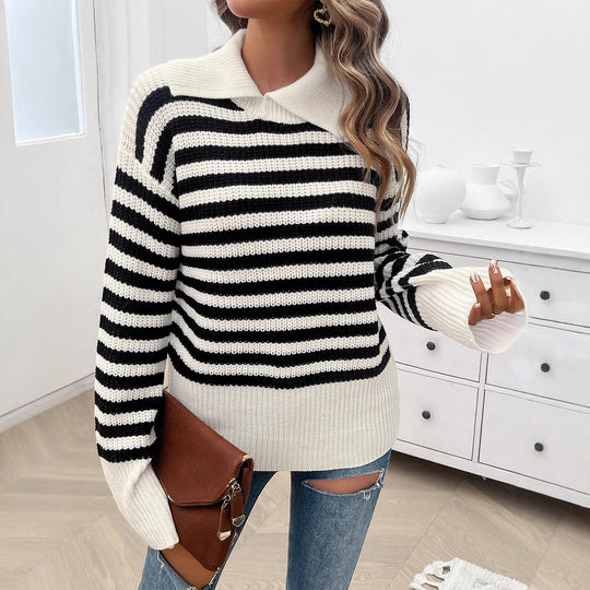 Damen nan gestreifter Polokragen-Strickpullover mit weitem Saum und ausgestellten Bündchen EB
