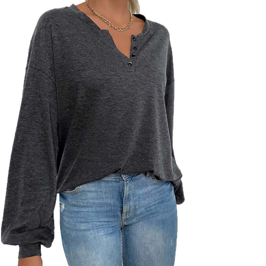 Damen lässiges Oversize-Henley-Longsleeve mit V-Knopfleiste und Ballonärmeln Eichborn Berlin