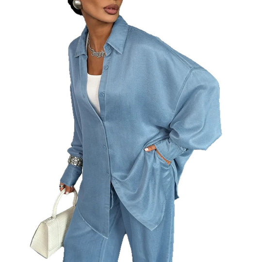 Damen Zweiteiliges Oversize-Hemd- und Palazzo-Set im fließenden Denim-Look EB