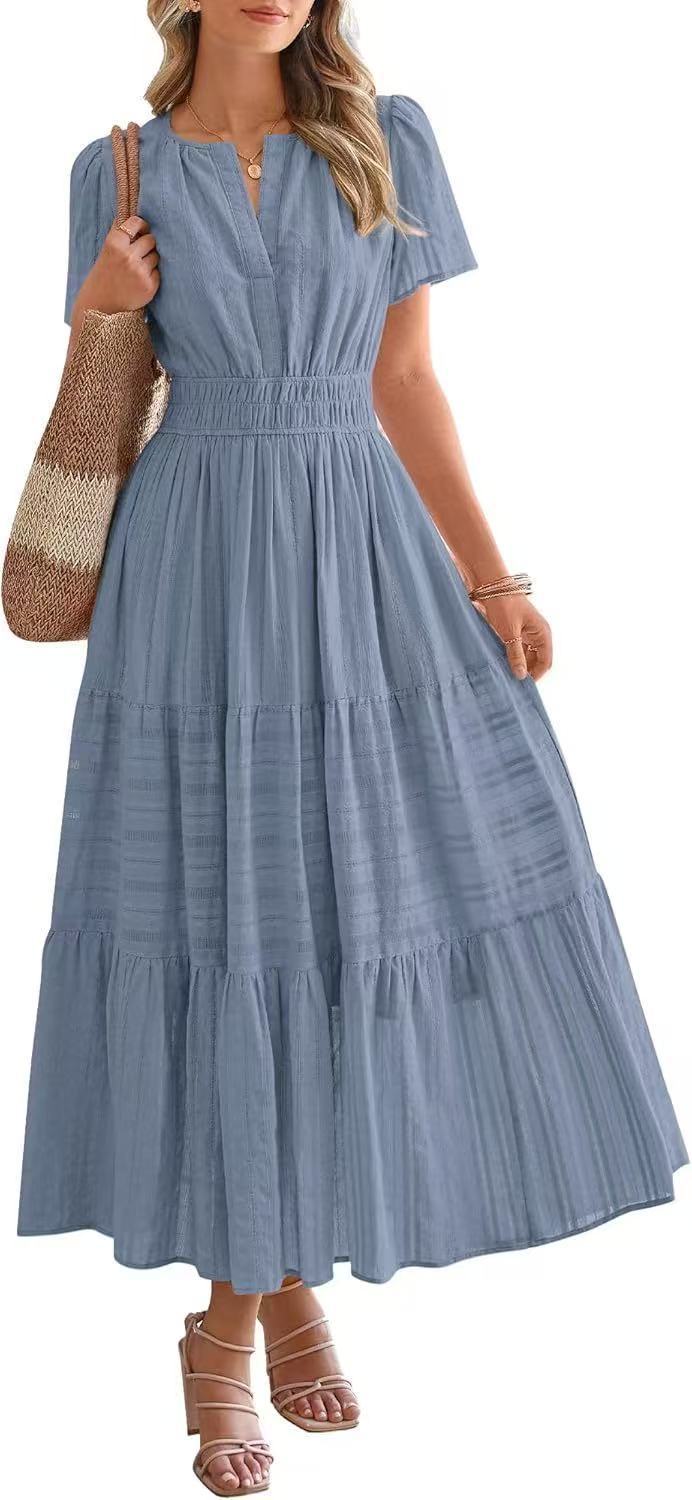 Damen Maxikleid mit modischem V-Ausschnitt und luftigen Rüschen EB