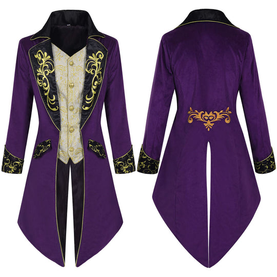 Herren nan eleganter Frackmantel im Barockstil mit goldbesticktem Revers und geteiltem Schwalbenschwanz Eb