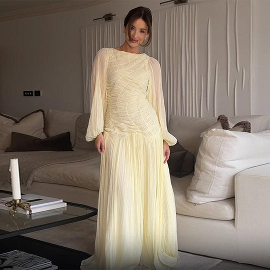 Damen Maxikleid mit raffinierten Falten und eleganten langen Ärmeln EB