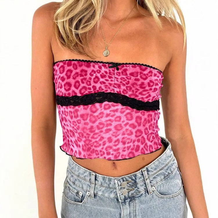 Damen Bandeau-Top mit trendigem Leopardenmuster und zarter Spitzenkante EB