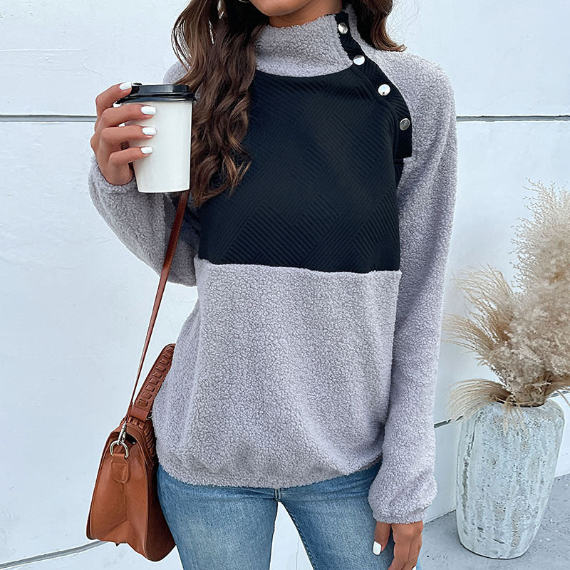 Damen Fleece-Pullover mit hohem Kragen und kontrastierendem Stoff EB