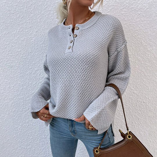 Damen gemütlicher Strickpullover mit Knopfleiste und breiten Ärmeln EB