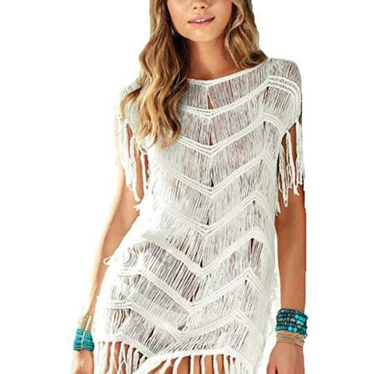 Damen luftiger Häkel-Strandponcho mit Fransen und elegantem Design EB