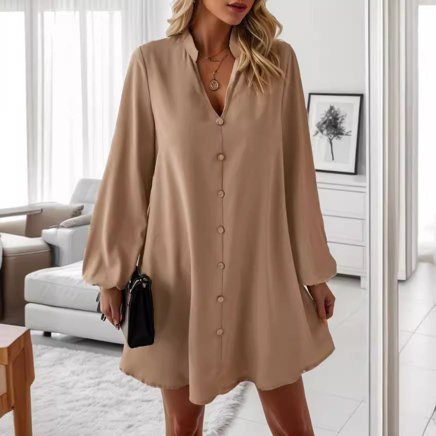 Damen kurzes Kleid mit Knopfleiste und eleganten Puffärmeln EB