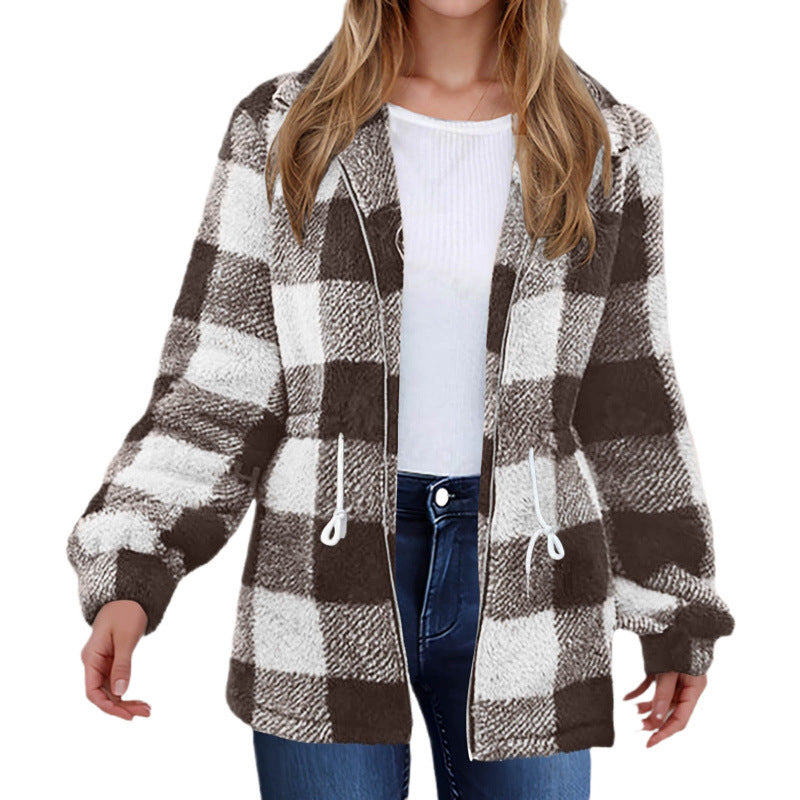 Damen kuschelige Oversize-Jacke mit kariertem Muster EB