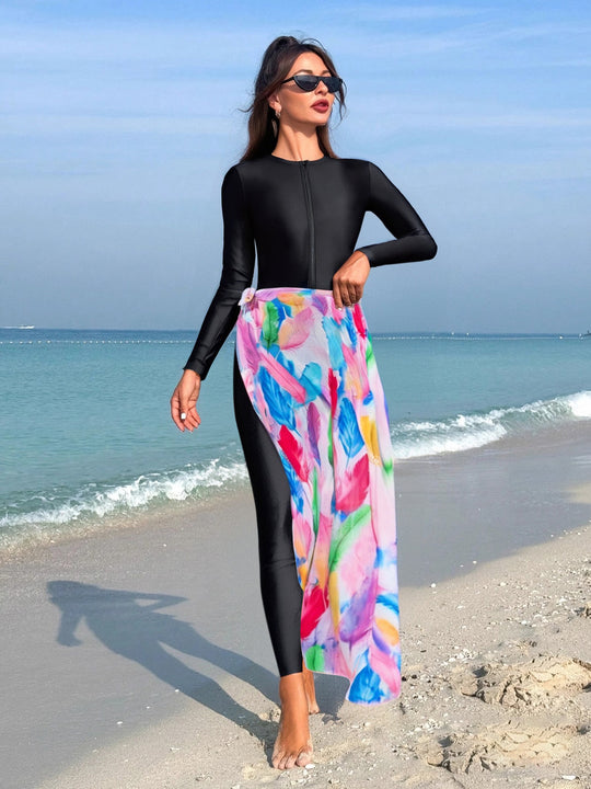 Damen modischer Schwimmanzug mit langem Arm und elegantem Wickelrock EB