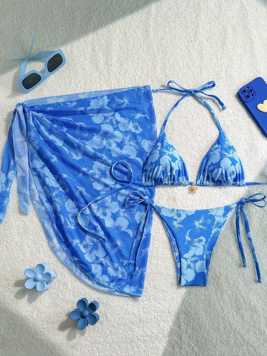 Damen Triangel-Bikini-Set mit verstellbaren Trägern und Wickeltuch EB