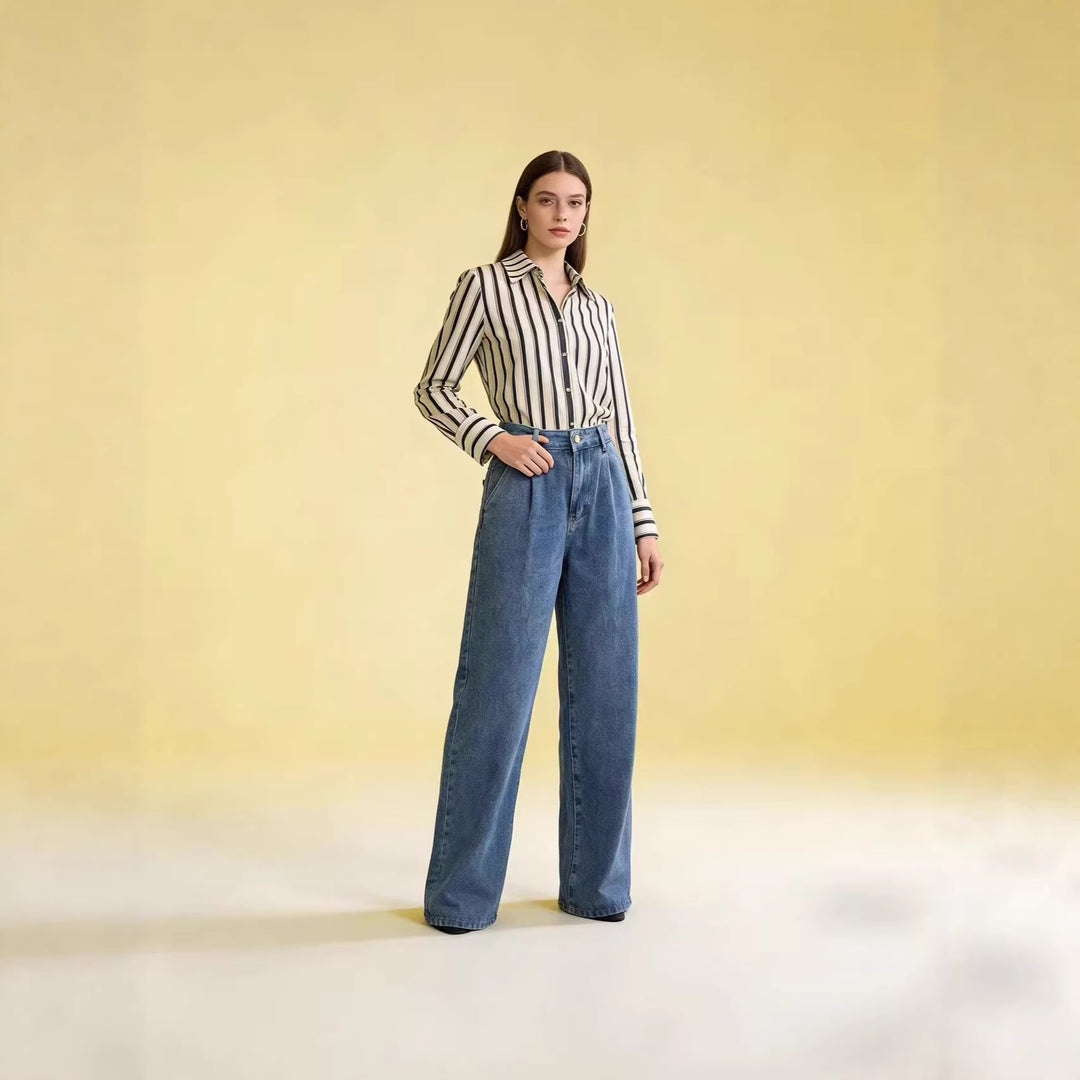 Damen nan hochgeschnittene Bundfalten-Weitbein-Jeans mit hohem Bund und Gürtelschlaufen EB