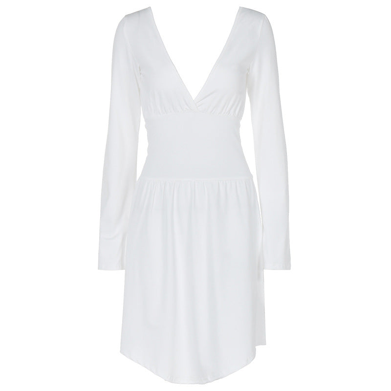 Damen elegantes Kleid mit tiefem V-Ausschnitt und langen Ärmeln EB
