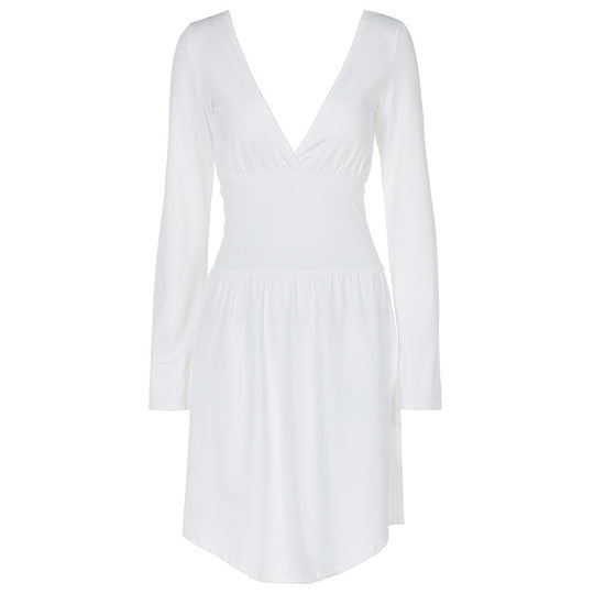 Damen elegantes Kleid mit tiefem V-Ausschnitt und langen Ärmeln EB