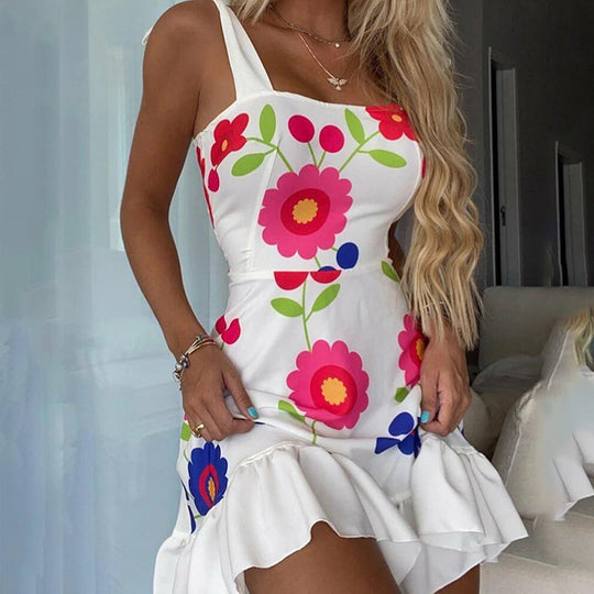 Damen Minikleid mit floralem Design und Volantabschluss EB