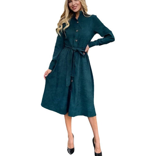 Damen Midi-Kleid mit Knopfleiste und Taillengürtel EB