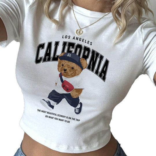 Damen Crop-T-Shirt mit verspieltem Bärenmotiv und modischem Schriftzug EB