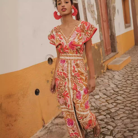 Damen Maxikleid mit farbenfrohem floralem Muster und Volantärmel EB