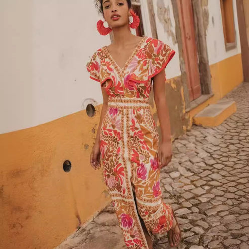 Damen Maxikleid mit farbenfrohem floralem Muster und Volantärmel EB