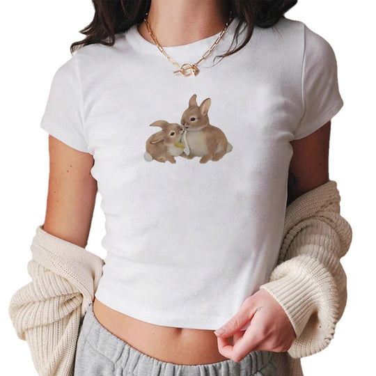 Damen Crop-T-Shirt mit niedlichem Kaninchenmotiv EB