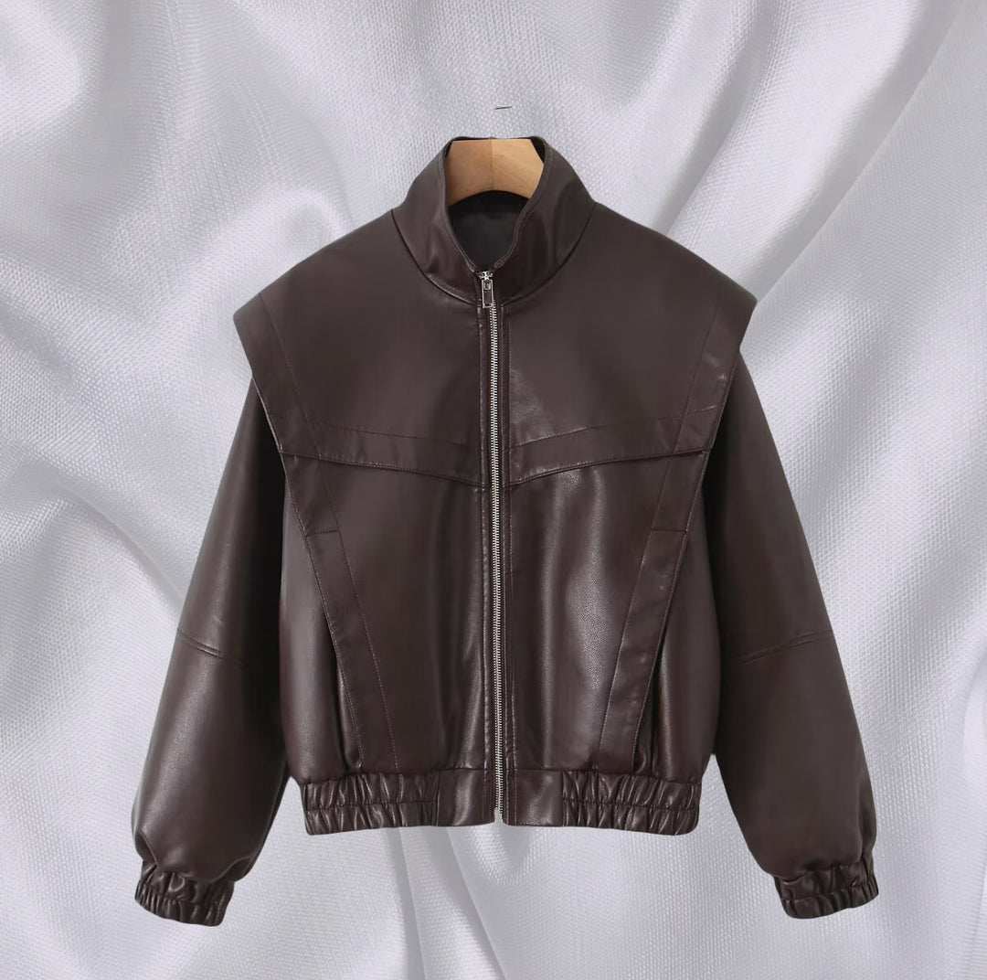 Damen elegante Kunstlederjacke mit hohem Kragen EB