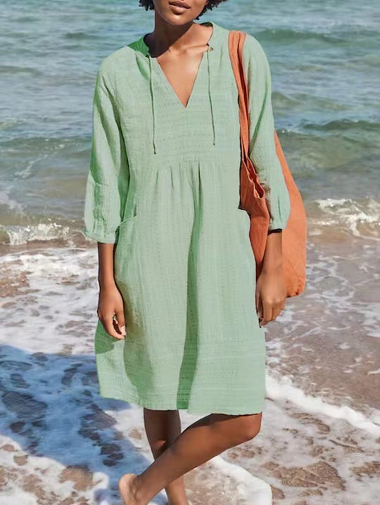 Damen lässiges Sommerkleid mit Kapuze und Taschen EB