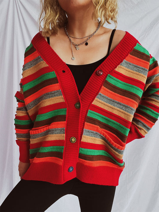 Damen Strickjacke mit buntem Streifenmuster und knöpfbarem Design EB