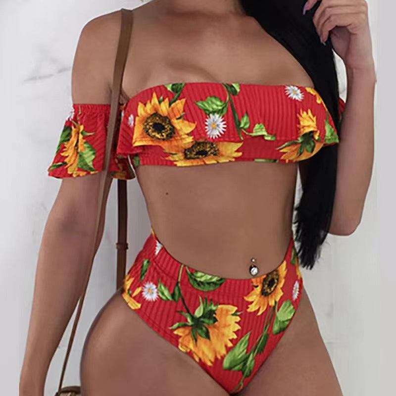 Damen Bikini-Set mit floralem Rüschendesign und hohem Taillenslip EB