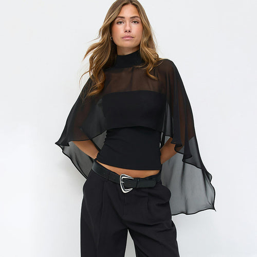 Damen elegantes Top mit transparenten Flügel-Ärmeln EB