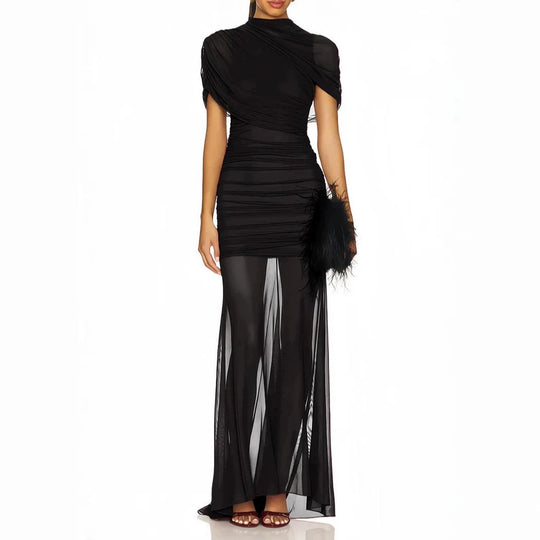 Damen Elegantes Cocktailkleid mit gerafftem Design und transparenter Schicht EB