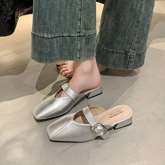 Damen elegante Mules mit quadratischer Zehenpartie und modischen Schnallenakzenten EB
