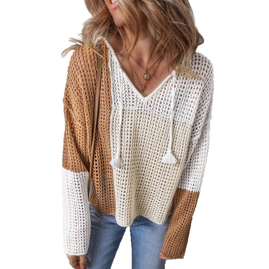 Damen luftiger Strickpullover mit modernem Netzstruktur-Design und dekorativen Kordeln EB