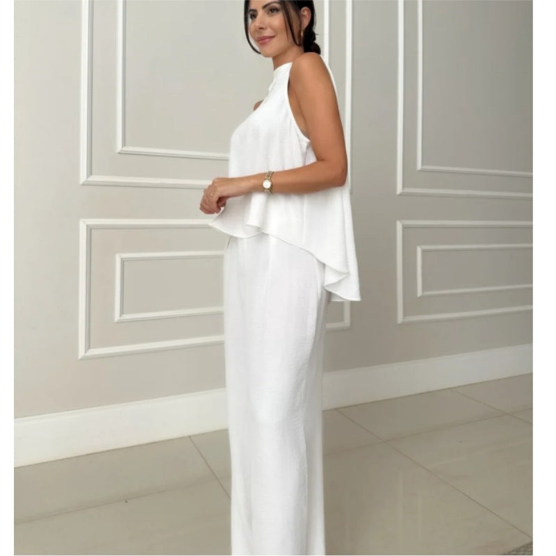 Damen elegantes Set aus lässigem Oberteil und hochsitztender Hose EB