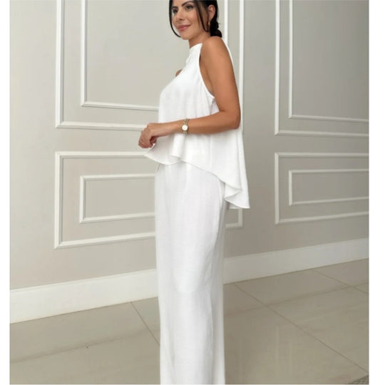 Damen elegantes Set aus lässigem Oberteil und hochsitztender Hose EB