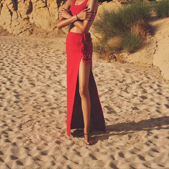 Damen eleganter, figurbetonter Rock mit Blumenapplikationen und seitlichem Schlitz EB