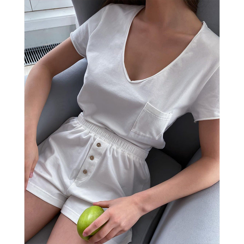 Damen Bequemes Loungewear-Set aus Baumwolle mit V-Ausschnitt EB