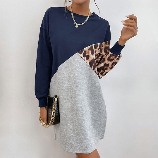 Damen lässiges Sweatshirtkleid mit modischem Tiermuster und asymmetrischem Design EB