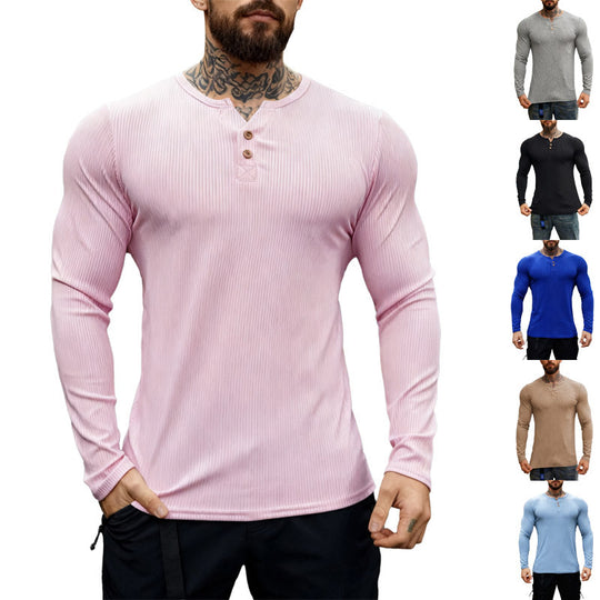 Herren nan geripptes Langarm-Henleyshirt mit flacher Knopfleiste und körperbetonter Stretch-Passform EB