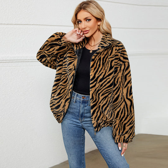 Damen Plüschjacke im trendigen Zebra-Look mit Stehkragen EB