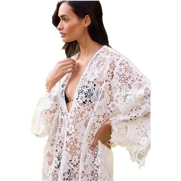 Damen Strandkimono mit floralem Häkelmuster und weit ausgestellten Ärmeln EB