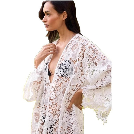 Damen Strandkimono mit floralem Häkelmuster und weit ausgestellten Ärmeln EB