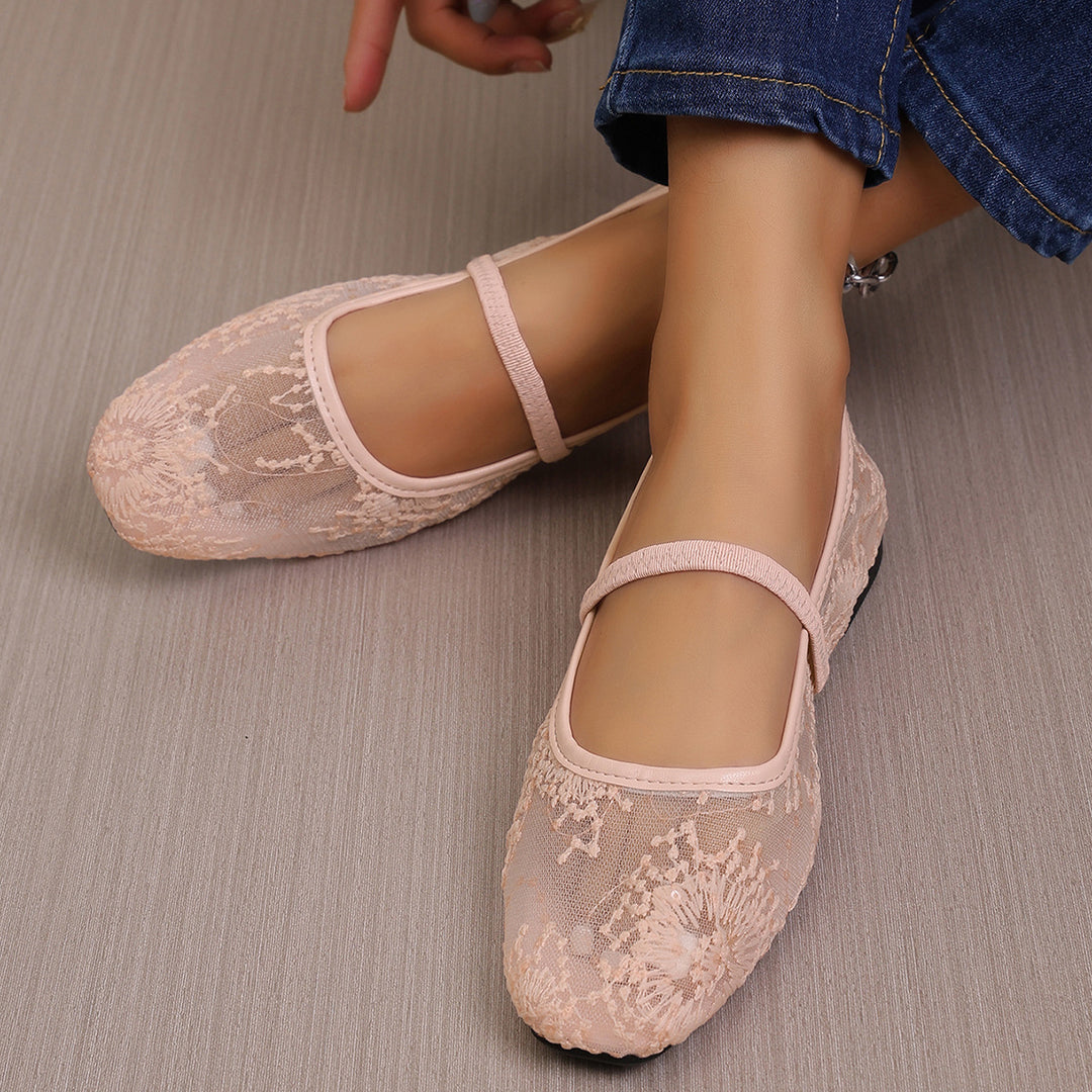 Damen Ballerinas mit filigranem Stickmuster und elastischem Riemen EB