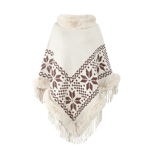 Damen eleganter Poncho mit dekorativem Fransen-Design und Kunstfellbesatz EB