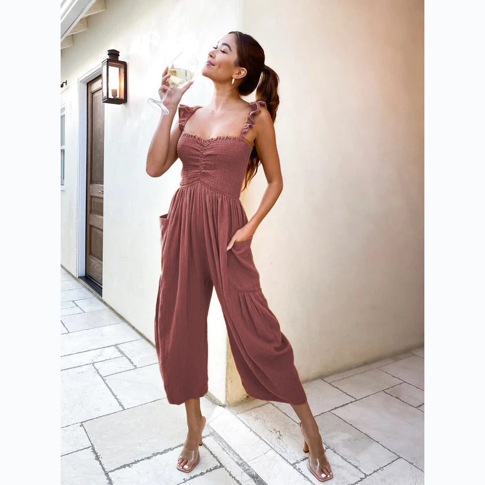 Damen Lässiger Jumpsuit mit frillenden Trägern und praktischen Taschen EB