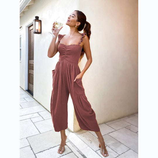 Damen Lässiger Jumpsuit mit frillenden Trägern und praktischen Taschen EB