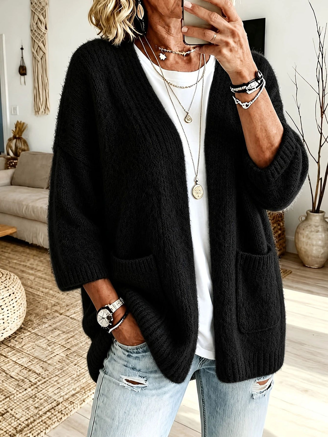 Damen Offener Longcardigan im Mohair-Look mit aufgesetzten Taschen und überschnittener Schulter EB