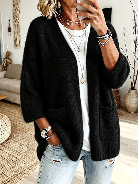 Damen Offener Longcardigan im Mohair-Look mit aufgesetzten Taschen und überschnittener Schulter EB