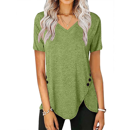 Damen lässiges V-Ausschnitt T-Shirt mit asymmetrischem Saum und dekorativen Knopfdetails EB