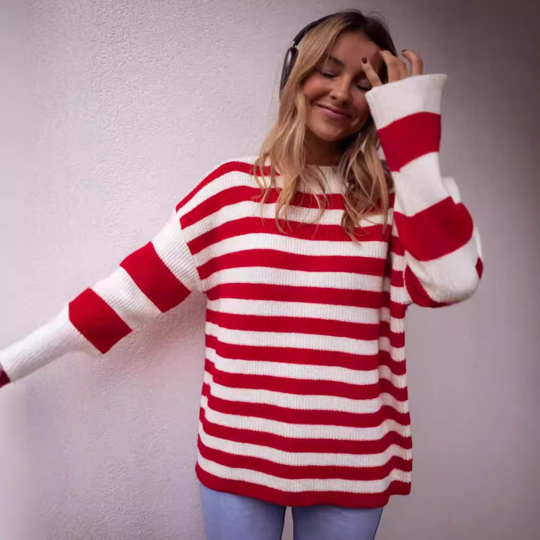 Damen lässiger Streifenpullover mit weitem Schnitt und gemütlichem Material EB