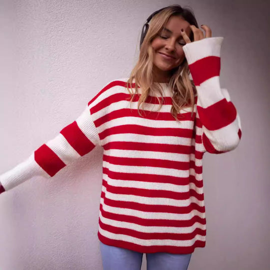 Damen lässiger Streifenpullover mit weitem Schnitt und gemütlichem Material EB